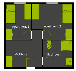 Floor plan of a typical 2-room apartment with a common bathroom