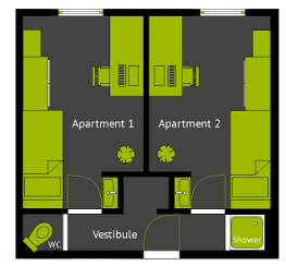 Floor plan of a typical 2-room apartment
